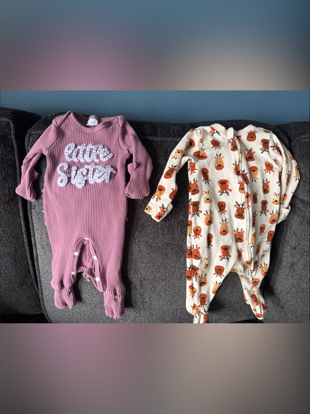 Old Navy reindeer pajamas and Mauve Ribbed 'Little Sister' One-Piece Footie
